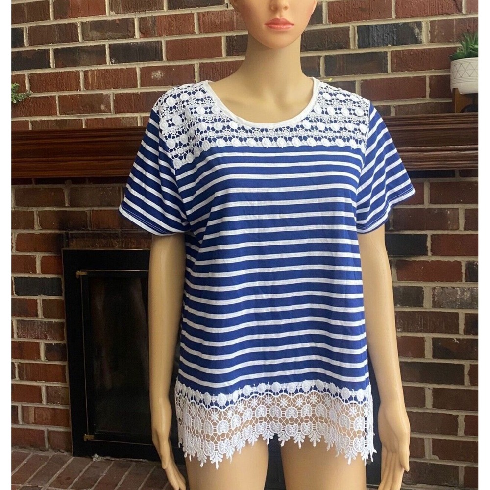 Hannah women's Shirt Coral Short Sleeve Striped Tee Size Large Lace Details Top